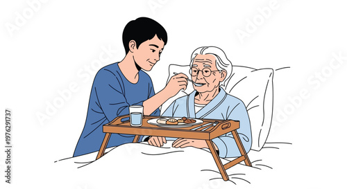 Young man feeding elderly woman in bed illustration isolated on white background