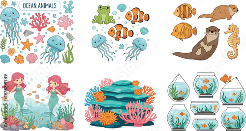 Ocean animals and underwater world vector set featuring cute jellyfish mermaids otters clownfish coral reefs sea shells and decorative aquariums for marine life illustration.