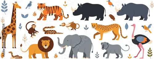 Safari Animal Collection with Lion, Tiger, Elephant, Giraffe, Rhino, and Wild Jungle Creatures for Kids Education and Nature Design Projects