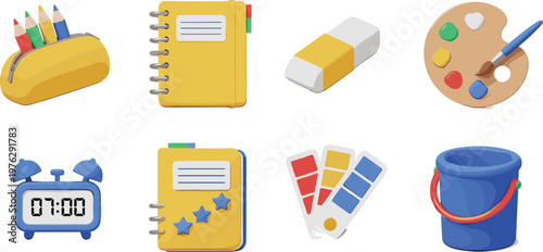 School and Art Supplies Collection with Notebooks, Colored Pencils, Paint Palette, Eraser, and Creative Learning Tools for Education Designs
