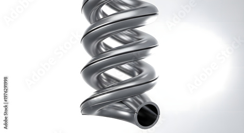 A 3d rendering of a metallic spiral tube with a hollow center on isolated white background