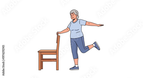 Elderly woman exercising with chair for balance illustration isolated on white background