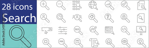 Search and find icons collection, magnifier, zoom, browser search and discovery elements, clean outline vector pack,