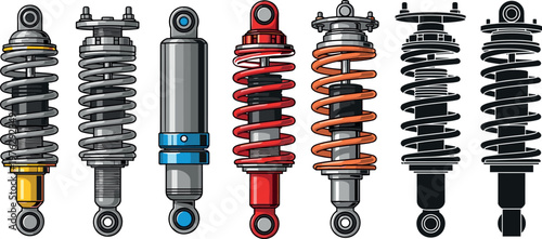 Shock Absorber Components Collection with Coil Spring, Hydraulic Damper, and Suspension System Parts Illustration Set for Automotive Design