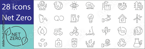 Net zero icon set in line style, carbon neutrality, climate action and sustainability symbols, eco friendly vector collection,