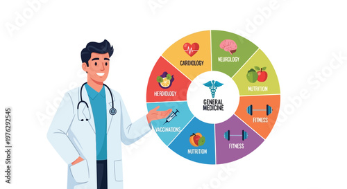 Doctor explaining general medicine specialties with icons isolated on white background