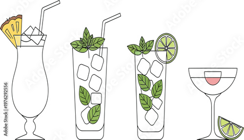 Four stylish illustrated cocktails with unique garnishes and glassware Vector