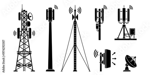 Tower wireless icon silhouettes. Communication tower icon vector. Set of wireless radio tower silhouettes. Black silhouettes of radio tower vector. Wireless tower silhouettes for business networking