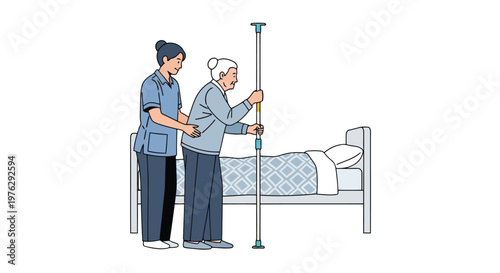 Nurse assisting elderly woman to stand from bed isolated on white background