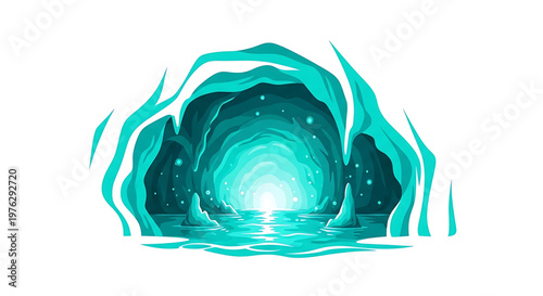 A vibrant teal cave illustration with a glowing light at the end, surrounded by wavy walls and water