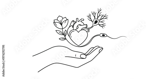 Hand holding heart neuron and sperm illustration isolated on white background
