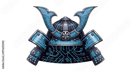 A futuristic samurai helmet with circuit board design and blue accents, symbolizing technology and warrior spirit
