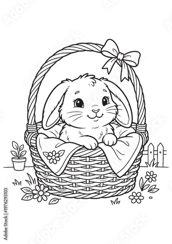 Cute Bunny Coloring Pages for Kids, Kawaii Rabbit Printable Coloring Book Black and White Line Art