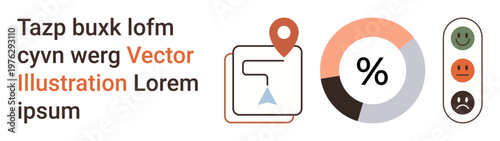 Analytics, location tracking, data insights, feedback assessment, reporting tools, user survey analysis. Map pin icon, pie chart with percentage sentiment feedback scale. Analytics and location