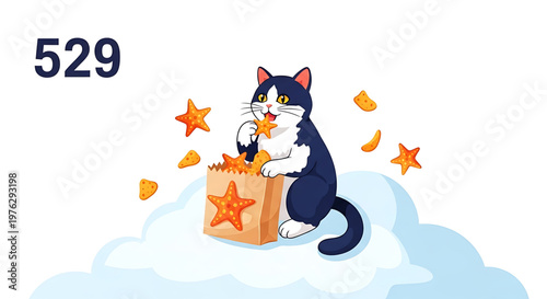 A playful cartoon cat sitting on a cloud with a bag of star-shaped snacks