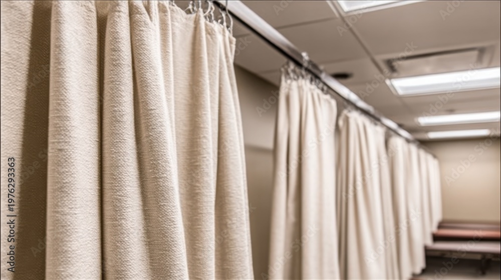 Fototapeta premium Medium shot of dense soundproof curtains pulled partially closed in a new therapy room build curtains crisply in focus against outoffocus treatment area.