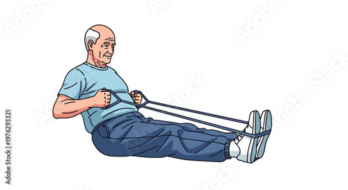 Elderly man exercising with resistance band seated indoors isolated on white background