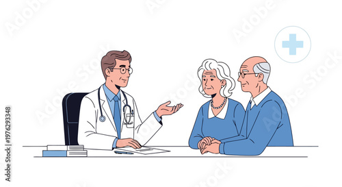Doctor consulting with elderly couple in office setting isolated on white background