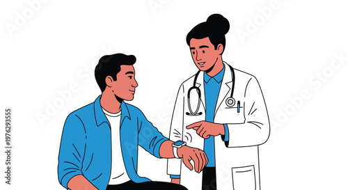 Doctor checking smartwatch on patient's wrist illustration isolated on white background