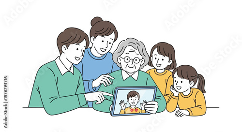 Multi-generational family video calling on tablet computer isolated on white background