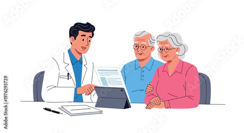 Doctor discussing medical results with elderly couple isolated on white background