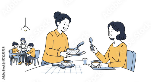 Family sharing a meal together at dining table isolated on white background