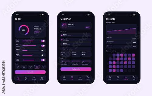 Fitness Habit Tracker Mobile App UI in Dark Mode. Dark-mode fitness and habit tracker mobile app UI featuring daily progress, running plans, mood logging, weekly goals, insights, charts. Vector App