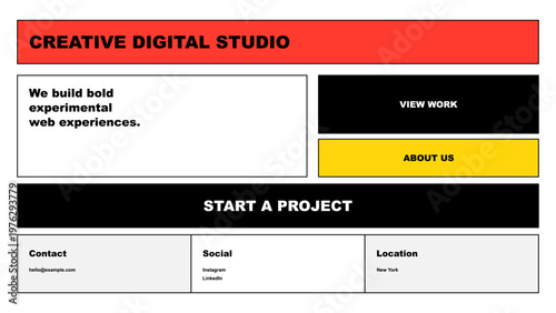 Brutalist Creative Digital Studio Landing Page UI. Bold brutalist-style creative digital studio landing page UI mockup with oversized typography, strong color blocks, CTA sections. Vector design