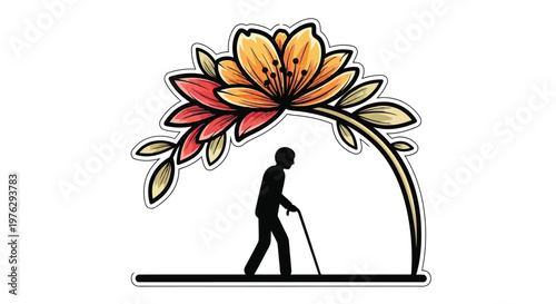Silhouette of elderly person walking under flower arch isolated on white background