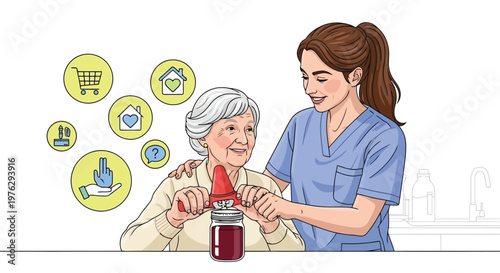 Caregiver helping senior open jar with adaptive aid isolated on white background