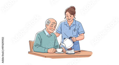 Nurse serving tea to elderly man at table isolated on white background