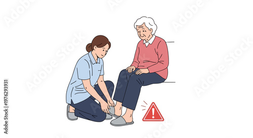 Nurse assists elderly woman with shoe tying and fall prevention isolated on white background