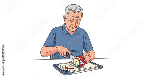 Senior man carefully slicing apple on cutting board isolated on white background