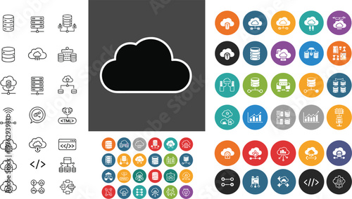 Cloud computing data storage and network server icons featuring database hosting technology infrastructure web hosting and information technology vector collection.