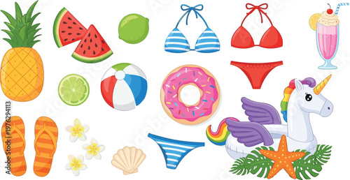 Summer Beach Vacation Elements Set with Pineapple, Watermelon, Bikini, Unicorn Float, Donut, and Tropical Accessories for Holiday Design Projects