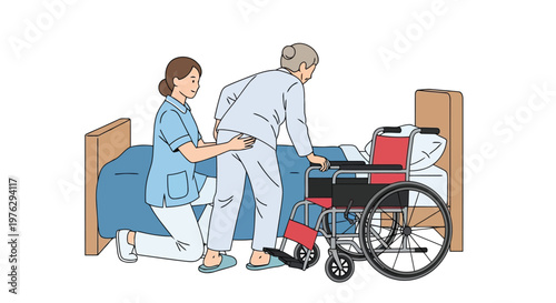 Nurse helps elderly person from bed to wheelchair isolated on white background