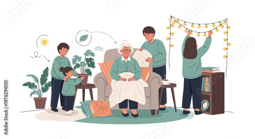 Multi-generational family caring for elderly woman indoors isolated on white background