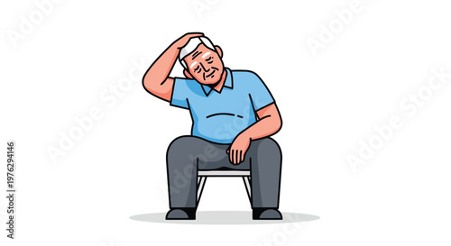 Elderly man doing neck stretching exercise sitting isolated on white background