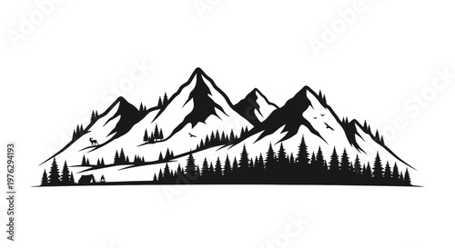 Dramatic mountain range with trees a cabin and wildlife a striking silhouette
