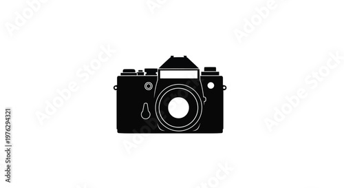 Vintage rangefinder camera depiction in stark black and white silhouette