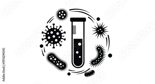 Coronavirus test tube and virus shapes in a black graphic silhouette