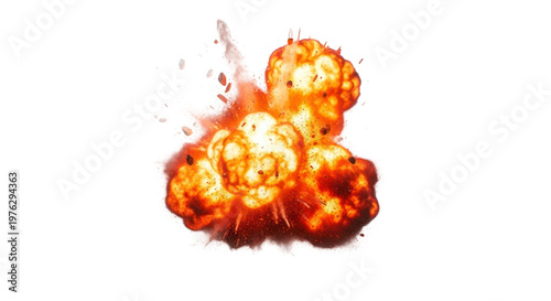 Explosive fiery blast of energy in a bright orange and yellow color isolated on white background.