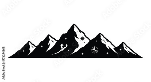 Dramatic mountain range with a lone hiker and celestial elements silhouette