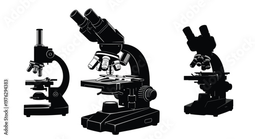 Three black microscopes displayed against a white background a striking silhouette