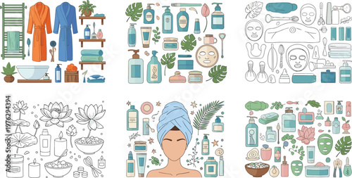 Spa and beauty wellness icons featuring skincare products bath accessories organic cosmetics face masks towels and relaxing self care treatment vector.