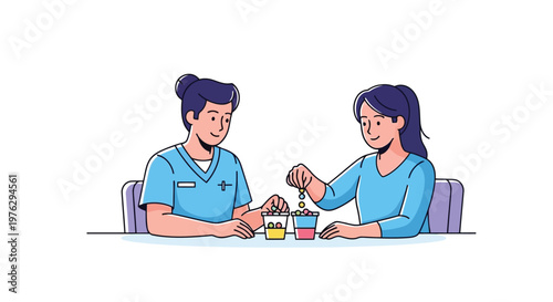 Nurse assisting patient with therapy beads isolated on white background