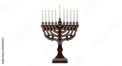Elegant wooden menorah with lit candles a symbol of Hanukkah celebration and Jewish heritage.