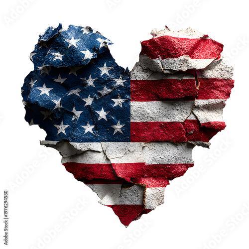 American flag heart with crumpled paper texture, patriotic USA symbol on white background, rustic red white and blue heart shape for national holidays