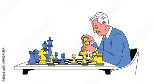 Man playing chess with yellow and blue pieces isolated on white background