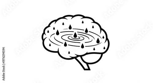 Stylized brain with falling water drops isolated on white background